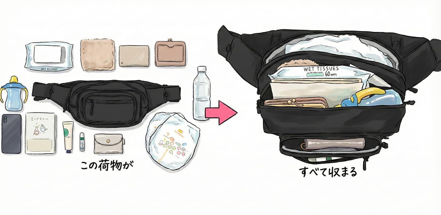 余裕で入るもの・工夫すれば入るものリスト ポムル(POMULU)2WAYヒップシート