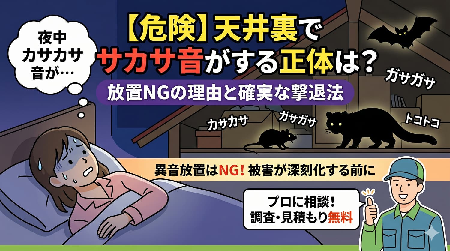 【危険】天井裏で夜カサカサ音がする正体は？放置NGの理由と確実な撃退法