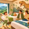 恐竜をテーマにしたホテルの子ども部屋のイラスト。 部屋の壁に大きな恐竜（ティラノサウルスやトリケラトプス）の壁画やシルエットが描かれている。 ベッドには恐竜のぬいぐるみが置かれ、窓の外には緑豊かな福井の山々が見える。 喜んでいる子どもと親がいる温かい家族の雰囲気。 明るく楽しいカラフルなイラスト風、