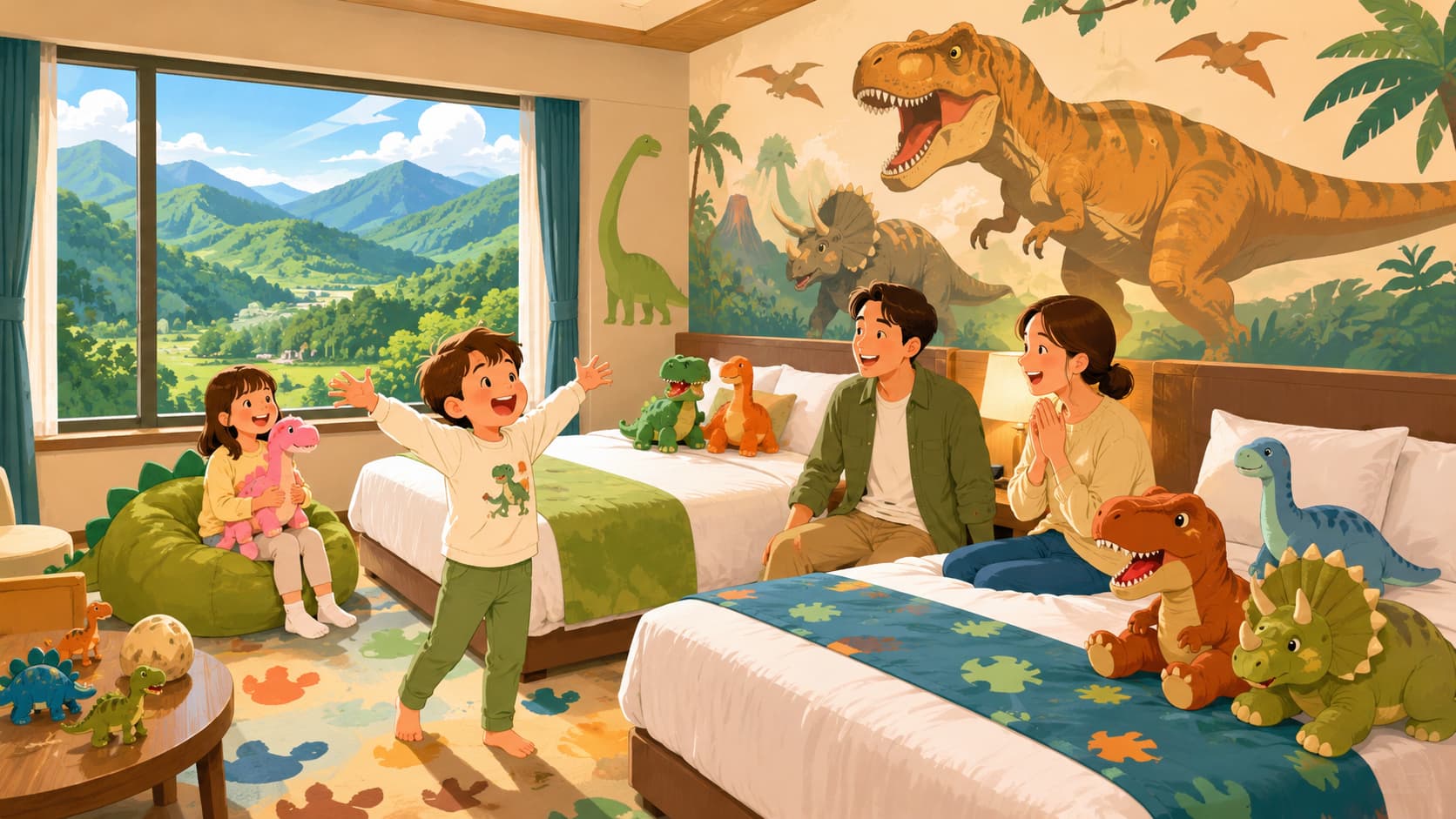 恐竜をテーマにしたホテルの子ども部屋のイラスト。 部屋の壁に大きな恐竜（ティラノサウルスやトリケラトプス）の壁画やシルエットが描かれている。 ベッドには恐竜のぬいぐるみが置かれ、窓の外には緑豊かな福井の山々が見える。 喜んでいる子どもと親がいる温かい家族の雰囲気。 明るく楽しいカラフルなイラスト風、