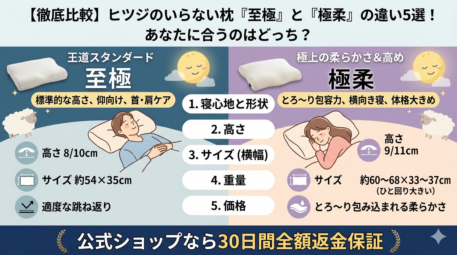 【徹底比較】ヒツジのいらない枕「至極」と「極柔」の違い5選！