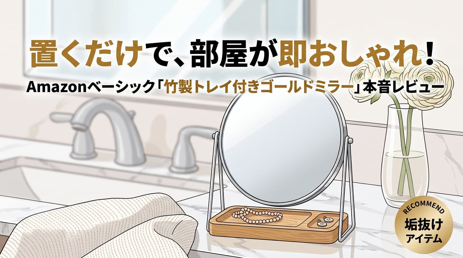 Amazonベーシックの「竹製トレイ付きゴールドミラー」