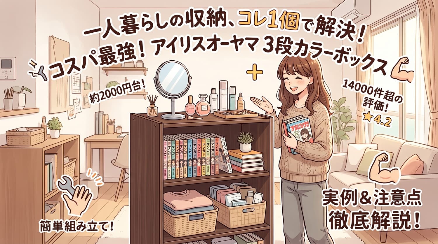 一人暮らしの収納はアイリスオーヤマの3段カラーボックス1個で解決！